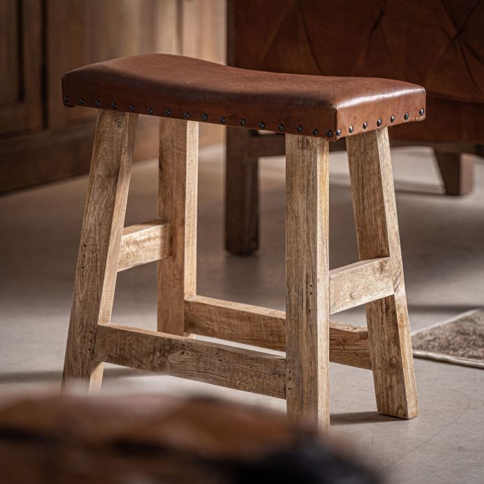 Taburete vayor Madera Marrón Piel Rojo, 46 Cm