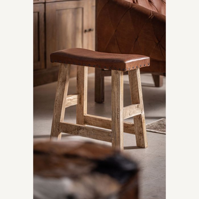 Taburete vayor Madera Marrón Piel Rojo, 46 Cm