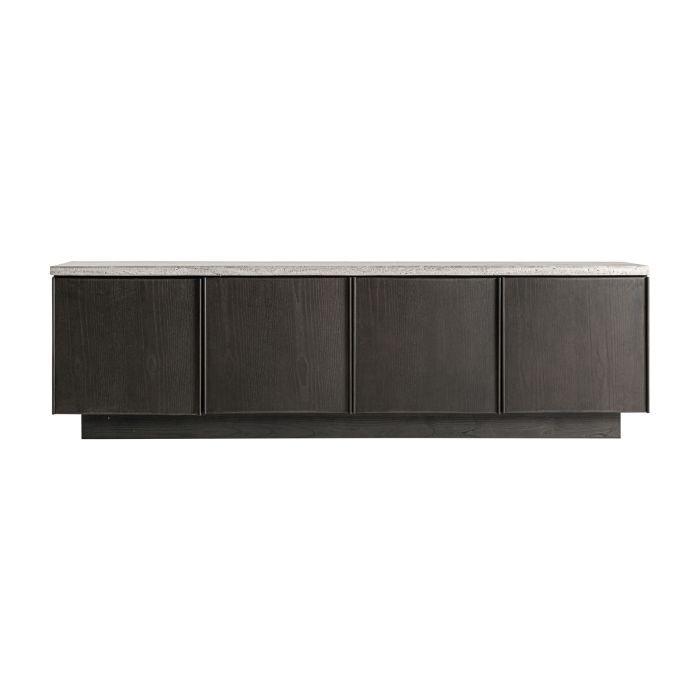 Mueble de TV en madera de fresno marrón y sobre de travertino gris 221 cm