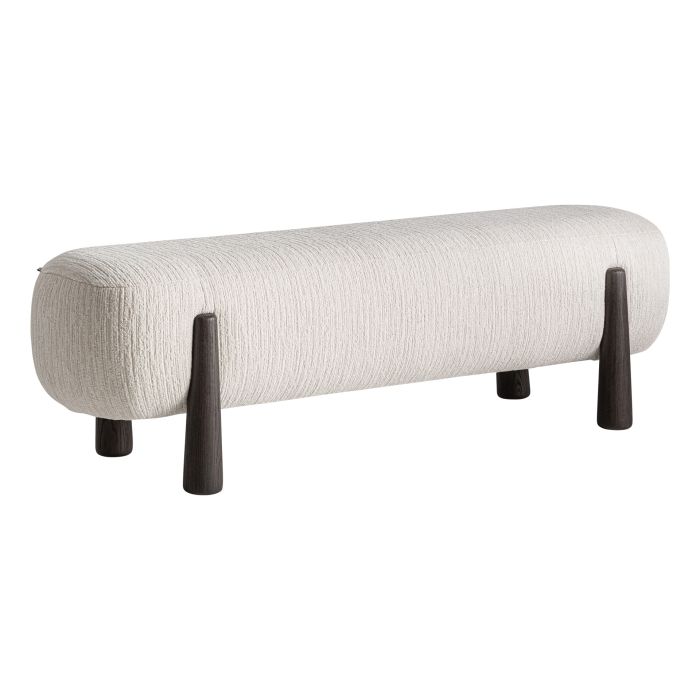 Reposapiés en madera de pino marrón y tela blanca.