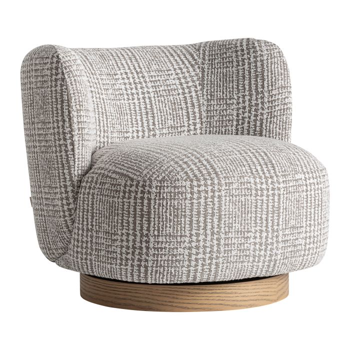 Sillón giratorio en madera de pino marrón claro tapizado en gris jaspeado.