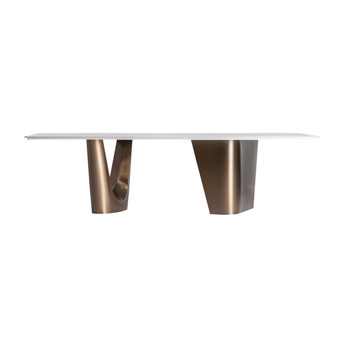 Mesa de comedor con sobre de piedra sinterizada blanco roto y patas de acero color cobre 280 cm