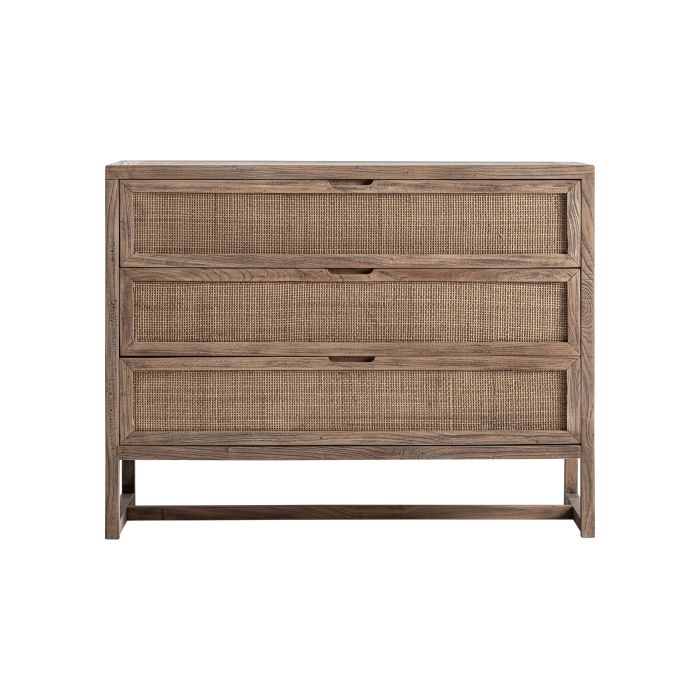 Cómoda en madera de olmo marrón y ratán 105 cm