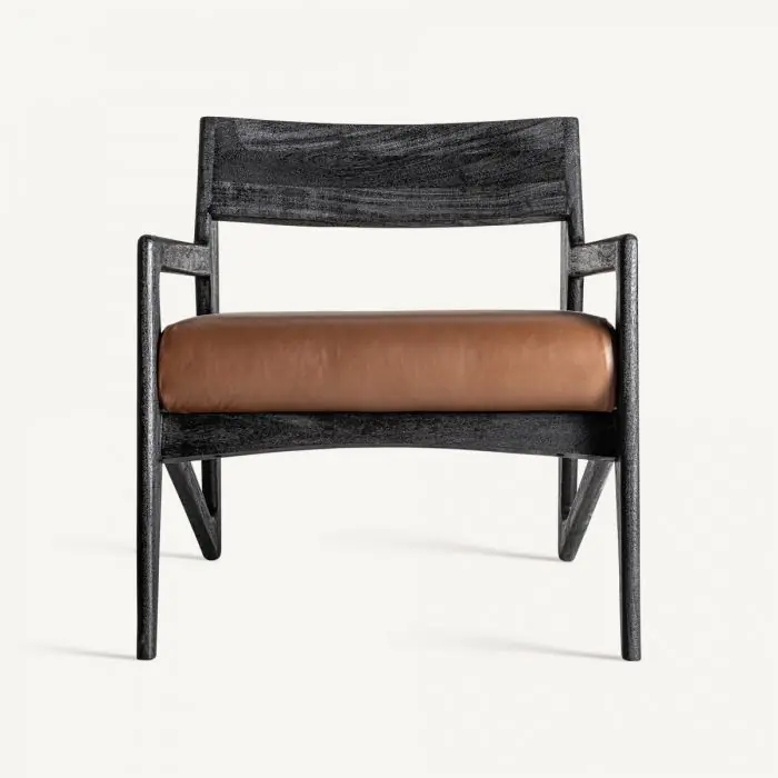 Sillón beslon Madera Negra Cuero Marrón, 70 Cm