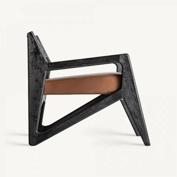 Sillón beslon Madera Negra Cuero Marrón, 70 Cm