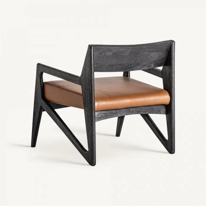 Sillón beslon Madera Negra Cuero Marrón, 70 Cm