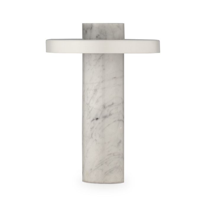 Lámpara de sobremesa de diseño moderno en mármol calacatta blanco y gris.