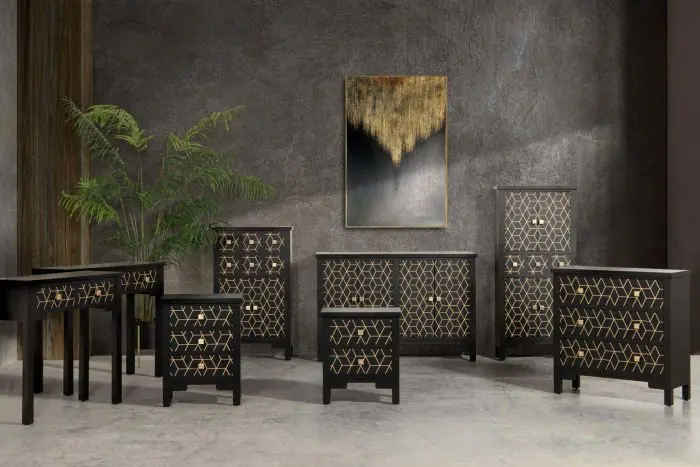 Mesita de noche Madera Negro Oro 2 Cajones, 55 Cm