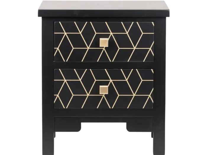 Mesita de noche Madera Negro Oro 2 Cajones, 55 Cm