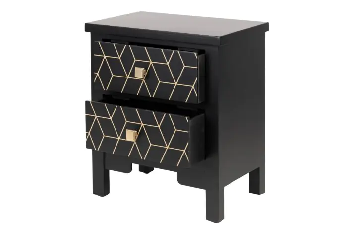 Mesita de noche Madera Negro Oro 2 Cajones, 55 Cm