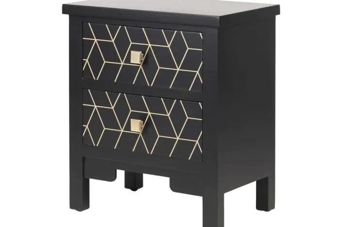 Mesita de noche Madera Negro Oro 2 Cajones, 55 Cm