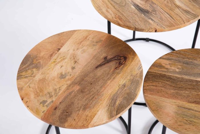 Set 3 Mesas Natural Negro Madera Hierro, 45 Cm