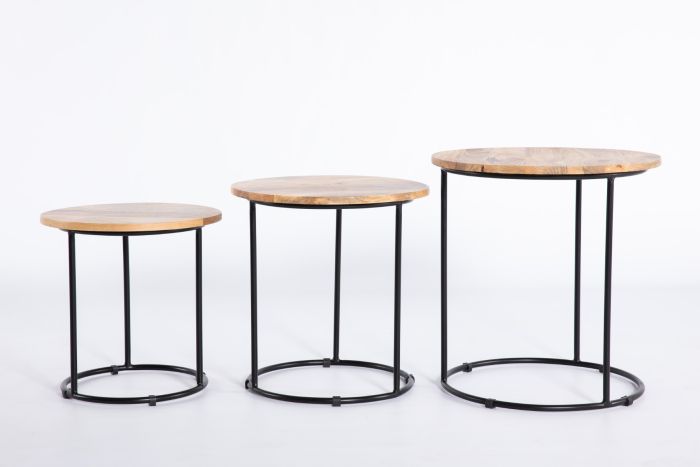 Set 3 Mesas Natural Negro Madera Hierro, 45 Cm