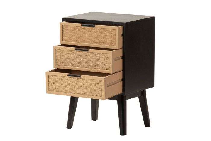 Mesita Noche Dormitorio 3 Cajones Ratán Madera Pino Negro, 40 Cm