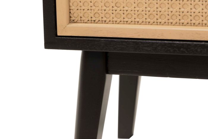 Mesita Noche 3 Cajones Ratán Madera Pino Negro, 40 Cm