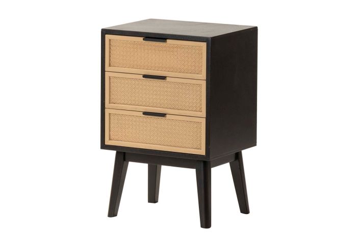 Mesita Noche 3 Cajones Ratán Madera Pino Negro, 40 Cm