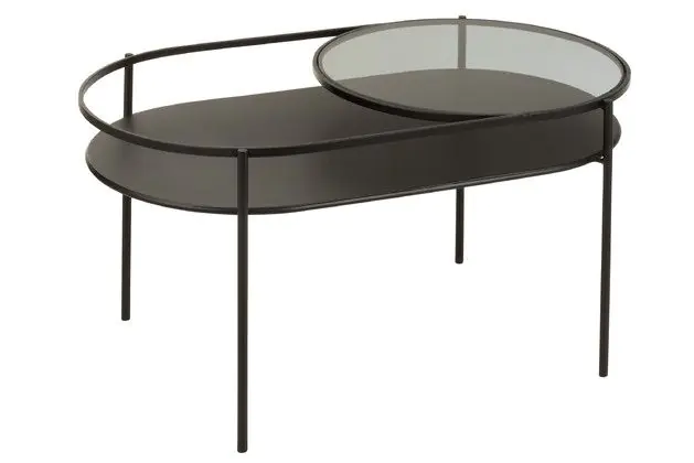 Mesa Centro Ovalada Metal Negro Cristal, 80 Cm