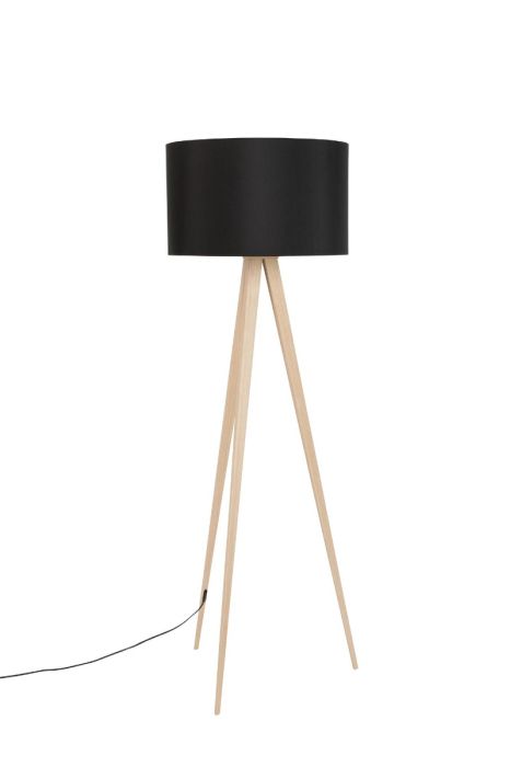 Lámpara de pie trípode nórdica en madera natural y pantalla de metal negro.