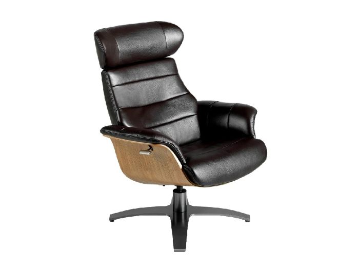 Sillón Giratorio Relax Estilo Moderno Cuero Negro Madera Chapada Nogal Acero, 79 Cm