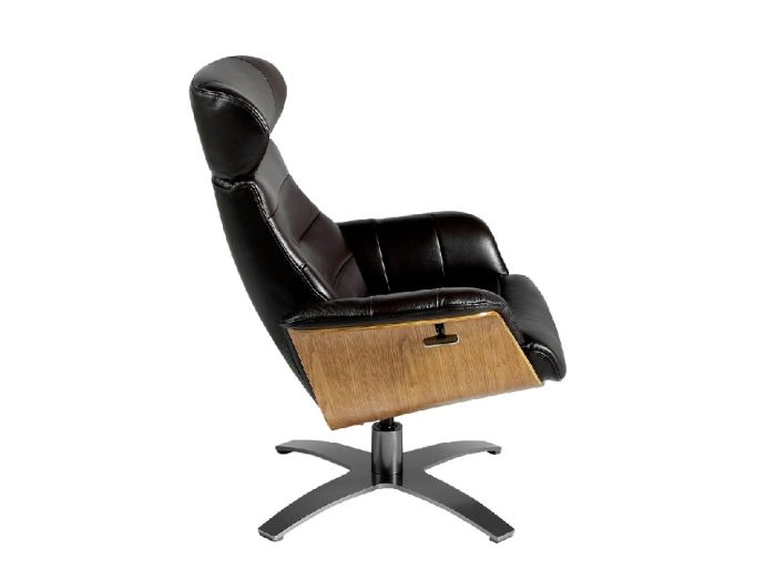 Sillón Giratorio Relax Cuero Negro Madera Chapada Nogal Acero, 79 Cm