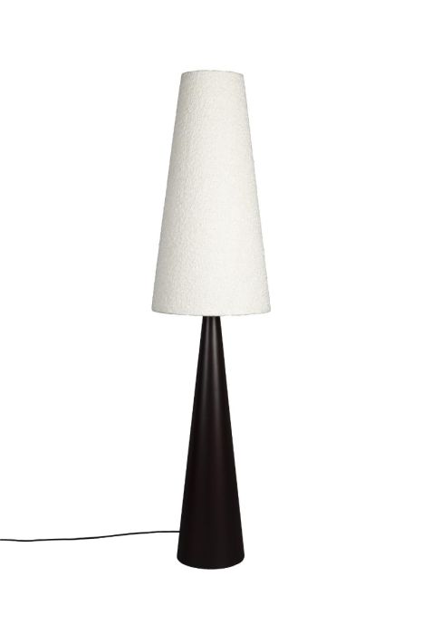 Lámpara de pie retro en hierro marrón y pantalla de tejido bouclé beige.