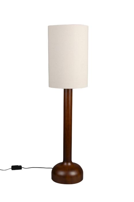 Lámpara de pie mid-century en madera de caucho nogal con pantalla textil beige.