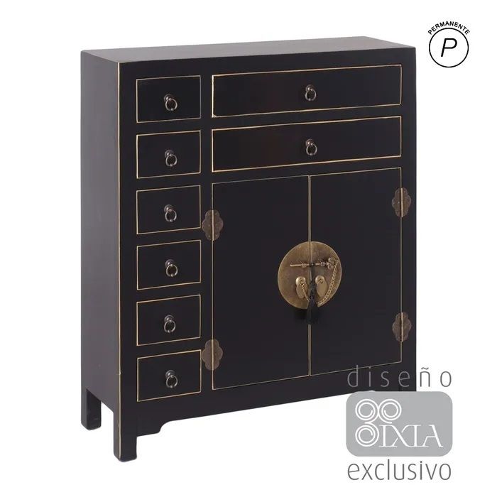 Cómoda oriental negra 8 cajones 2 puertas
