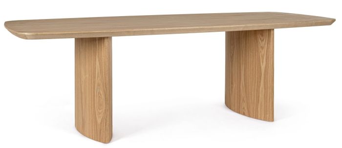 Mesa de comedor nórdica moderna en madera de roble natural con patas curvas.