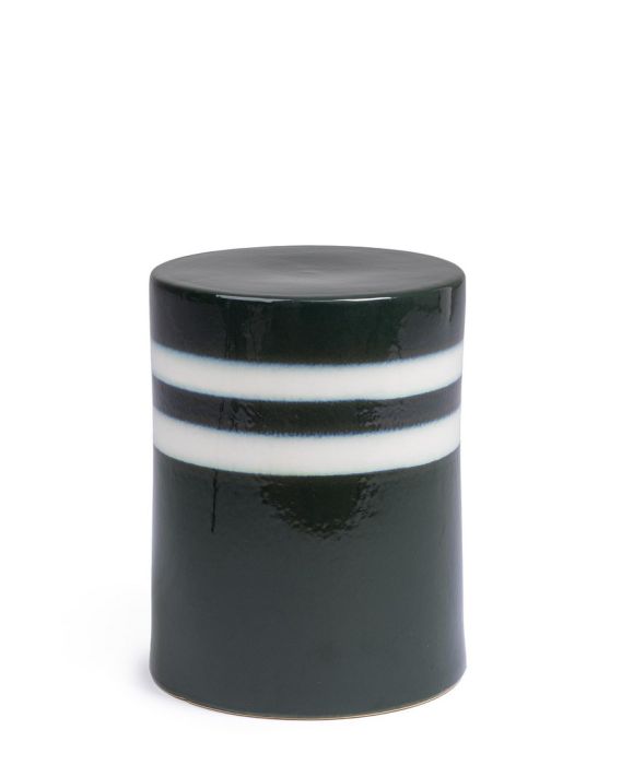 Mesa auxiliar contemporánea en cerámica esmaltada verde y blanca.