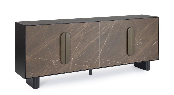 Aparador de diseño moderno con estructura de madera de roble negro y frontal de cerámica en cerámica marrón.
