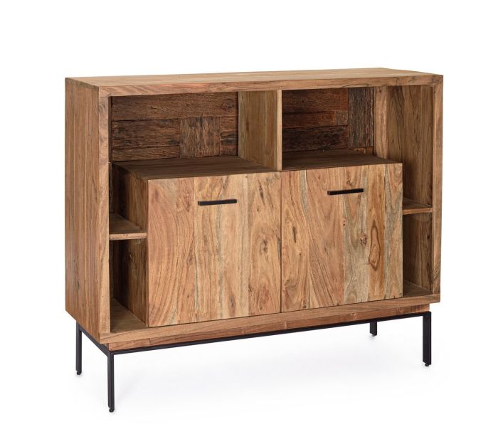 Aparador industrial en madera de acacia y reciclada natural con patas y tiradores de acero negro.
