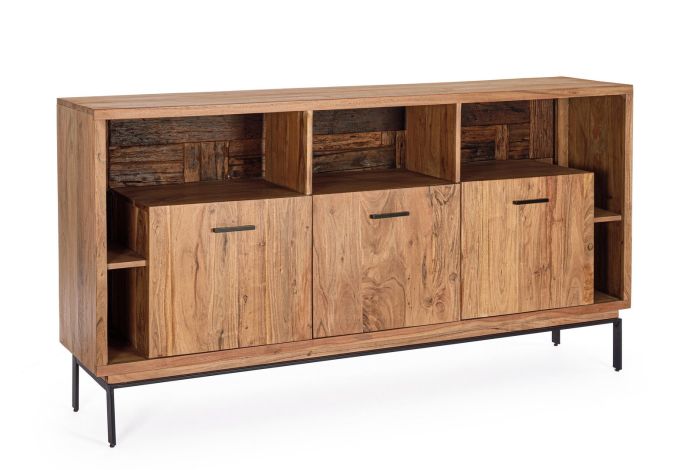 Aparador industrial en madera de acacia y reciclada natural con patas y tiradores de acero negro.