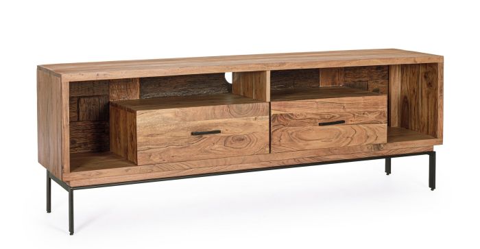 Mueble TV industrial en madera de acacia y reciclada natural con patas y tiradores de acero negro.