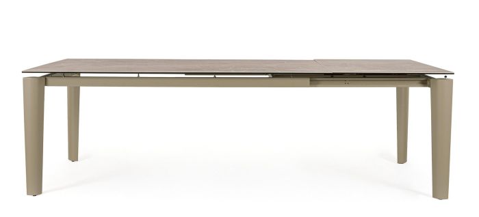 Mesa de comedor extensible diseño moderno tablero de cerámica efecto travertino con capa inferior de vidrio y acero beige.