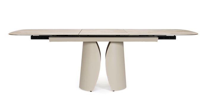 Mesa de comedor extensible diseño moderno tablero de cerámica efecto ónice con capa inferior de vidrio y acero beige.