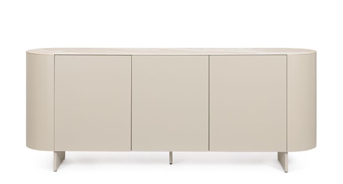 Aparador 3P de diseño moderno en cerámica efecto ónice, dm y patas de acero beige claro.
