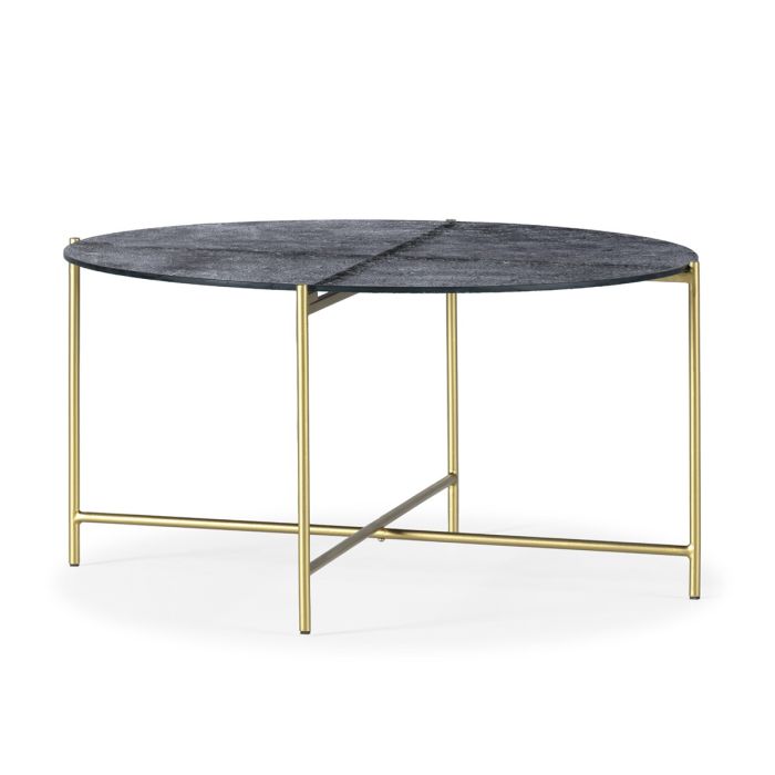 Mesa de Centro de Diseño Art Decó en Cristal arenado azul y Metal dorado.