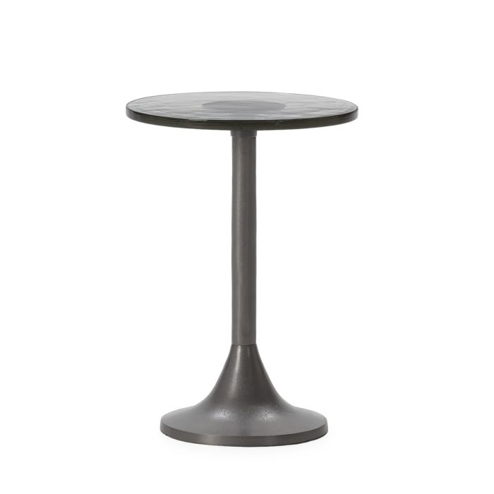 Mesa auxiliar moderna en metal negro y sobre de vidrio rústico.