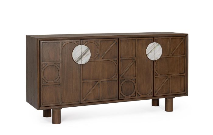 Aparador de diseño moderno en madera de acacia marrón con tiradores de mármol blanco, marrón y gris.