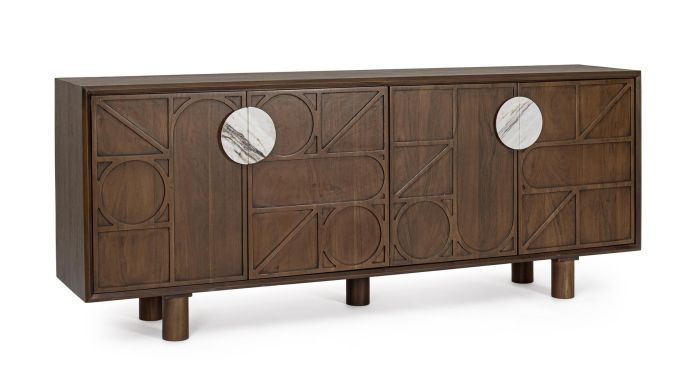 Aparador de diseño moderno en madera de acacia marrón con tiradores de mármol blanco, marrón y gris.