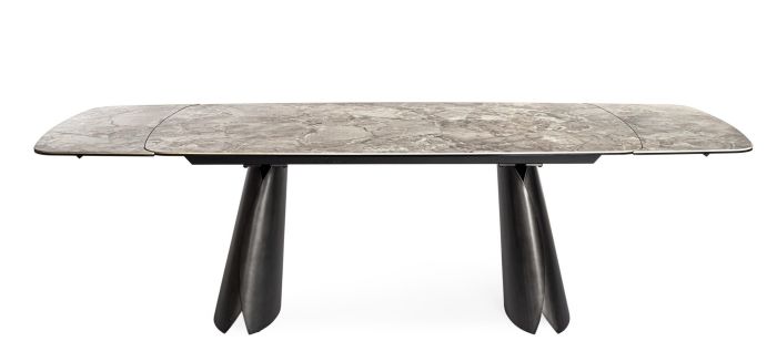 Mesa de comedor extensible nórdico moderno tablero de cerámica gris con capa inferior de vidrio y acero plateado oscuro.