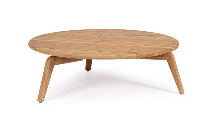 Mesa de centro redonda en madera de teca natural con listones.