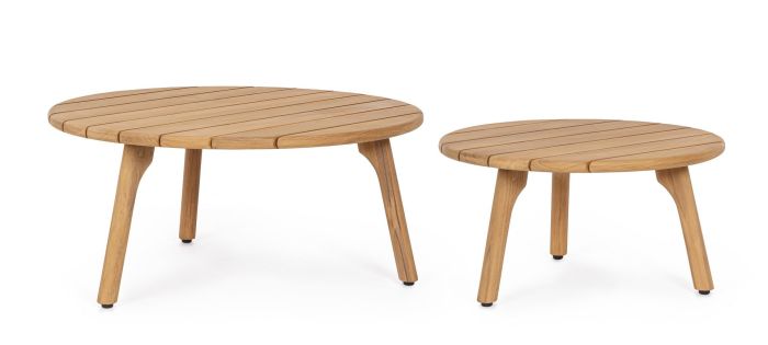 Set 2 mesa centro exterior nórdica en madera de teca natural con sobre de listones.