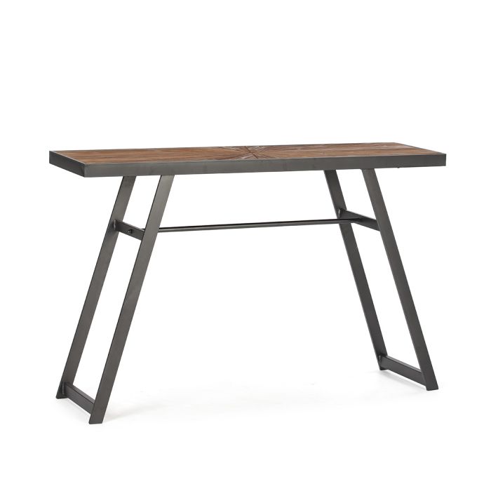Consola industrial con estructura de metal negro y sobre de madera marrón.