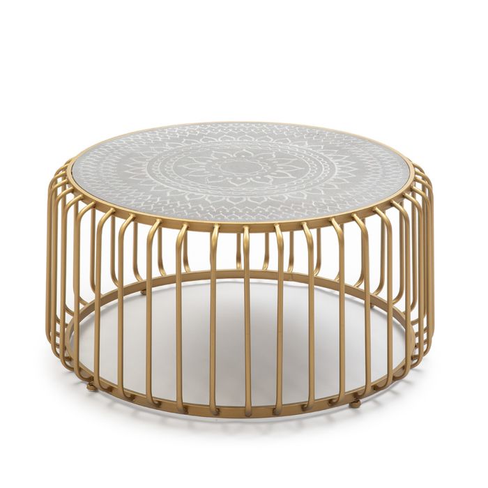 Mesa de centro oriental en metal dorado con sobre de dm gris mandala.