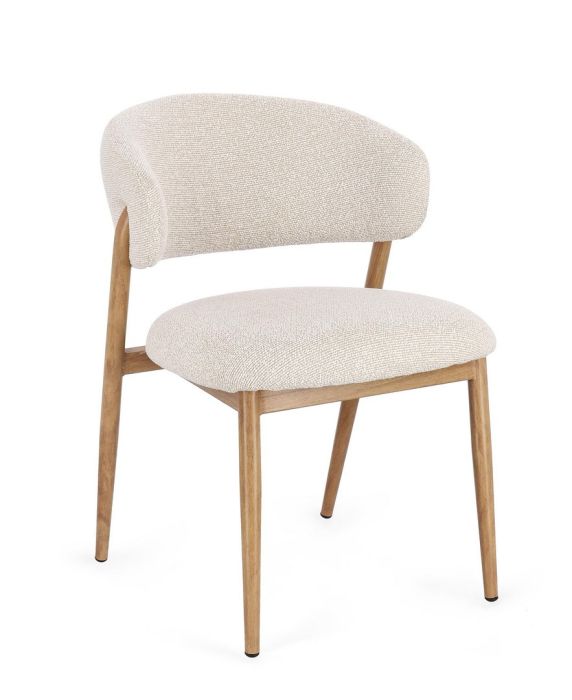 Silla nórdica moderna con asiento y respaldo en tela efecto bouclé beige y estructura de acero efecto madera natural.