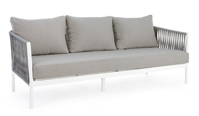 Sofá moderno en aluminio blanco, cuerda y cojines tapizados en tela gris oscuro.