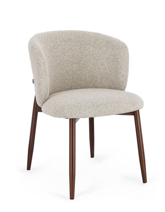Silla nórdica moderna con asiento y respaldo en tela efecto bouclé y estructura de acero efecto madera.