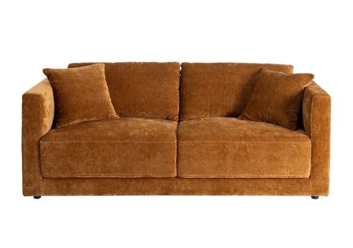 Sofá de 3 plazas moderno en madera y tejido taupe naranja.