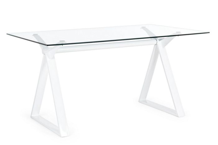 Escritorio moderno con sobre de vidrio templado y estructura de acero blanco.